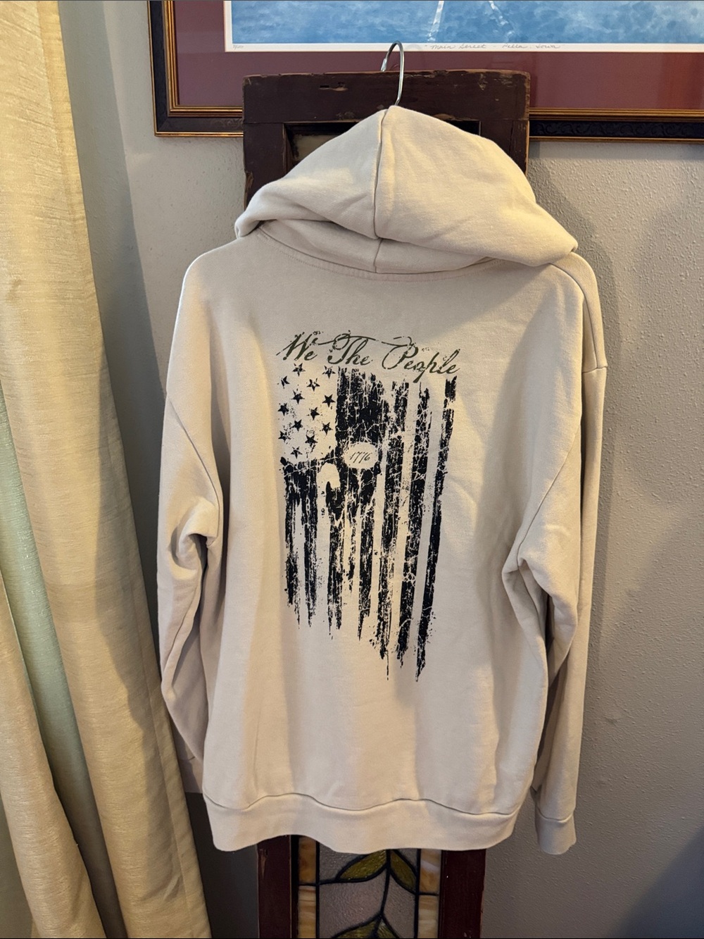 Howitzer Men's Cream Hooded Sweatshirt with Distressed Flag Graphic